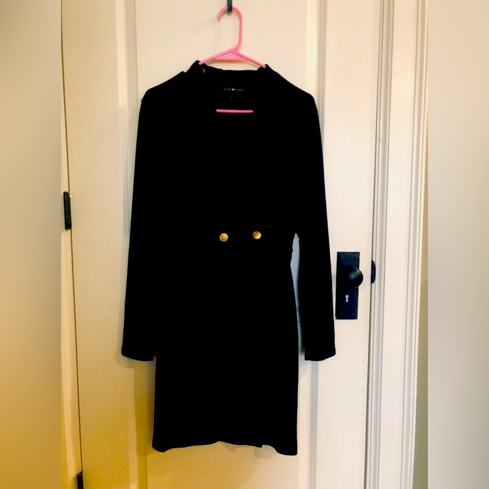 V-neck collared black dress with gold buttons